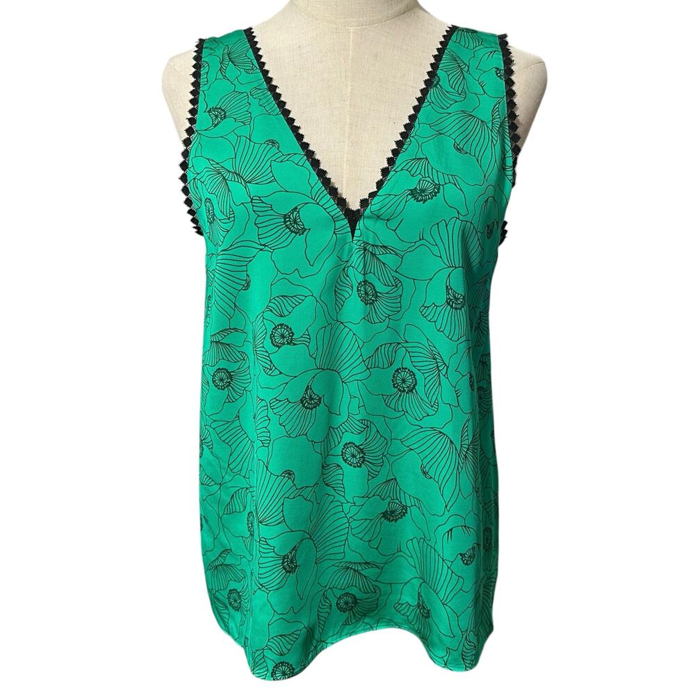 The Kooples Women’s 1 Green Floral Poppy Print Lace Trim V Neck Relaxed Fit Top